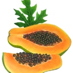 Cut papaya half and slice with a papaya leaf.