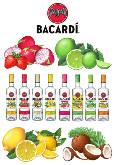 Lime, coconut, lemon, and dragon fruit illustrations used on Bacardi Fruit Flavored Rum packaging