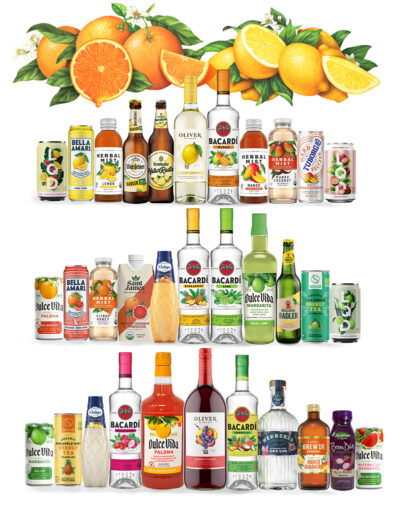 Citrus and tropical fruit illustrations and samples of beverage packaging by Douglas Schneider.