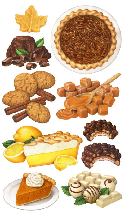 Cinnamon Snap cookies, chocolate peanut cluster candy, maple candy, caramels, maple pecan pie, white chocolate truffles, and lemon meringue pie illustrations.