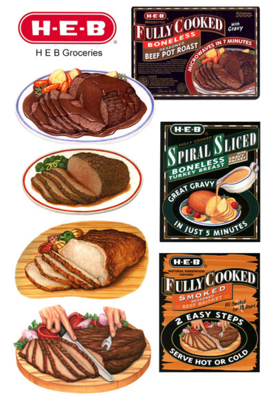 Food illustrations of cooked meats used on packaging for HEB Grocery.