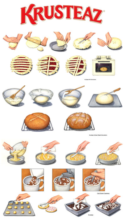 Instruction illustrations for Krusteaz baking packaging.