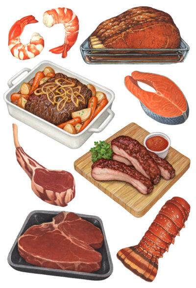 Various food illustrations used for packaging.