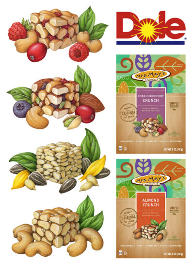 ood product illustrations used on packaging for Mrs. May's Crunch products by Dole.