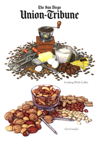 Illustration of a coffee grinder, coffee beans, with other baking ingredients. Also, an illustrations of assorted nuts.