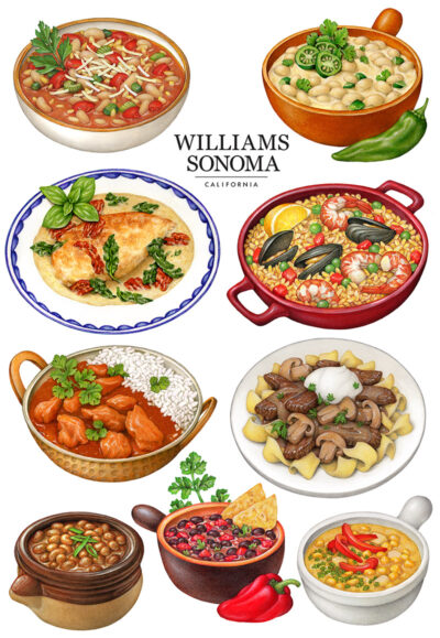 Cooked food illustrations used for Insta Pot packaging.