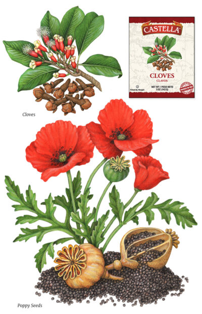 Botanical packaging illustrations of poppies, and cloves.