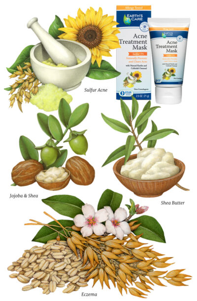 Various packaging illustrations of medicinal plants and herbs including jojoba, shea, oats, and sunflower.