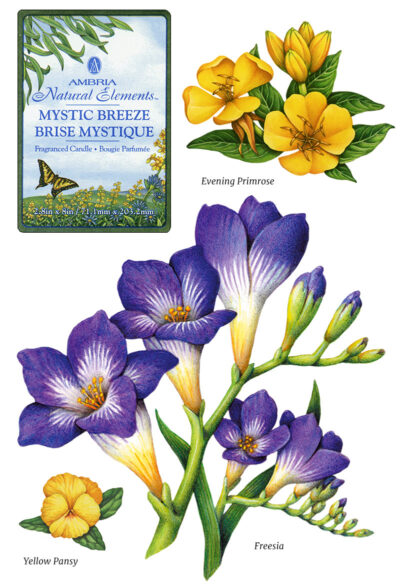 Watercolor illustrations of spring flowers including freesia and evening primrose.