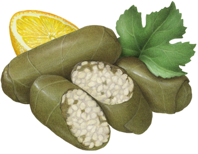 Two whole dolmas, stuffed grape leaves, with two cut halves, a grape leaf, and a cut lemon half.