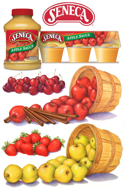 Illustrations of fruit including apples, cherries, strawberries, cinnamon, and golden delicious apples spilling out of a bushel basket.