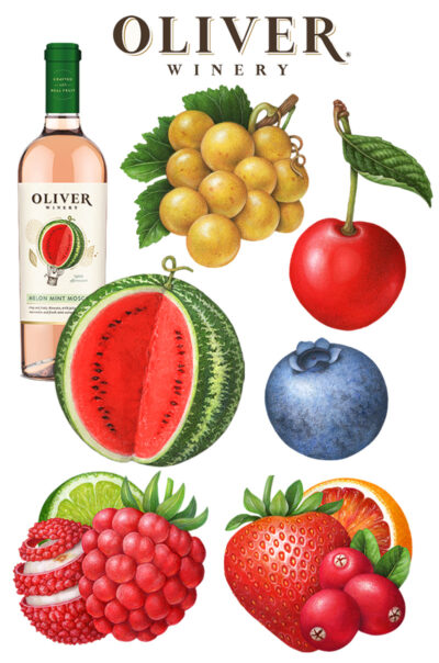 Six fruit illustrations of a watermelon, a bunch of Moscato grapes, a cherry, a blueberry, a grouping of lychee, raspberry, and lime, and a groupinf of a strawberry, blood orange, and cranberries.