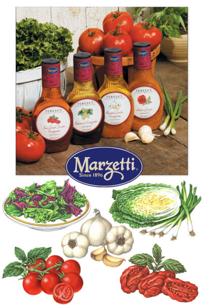 Vegetable illustrations used for Marzetti salad dressing packaging.