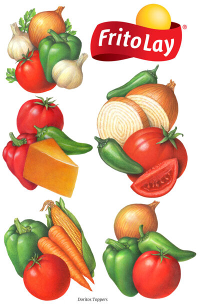 Five packaging illustrations of salsa ingredients used for Dorito's Toppers.