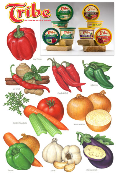 Nine packaging illustrations of vegetable ingredients used for flavored hummus.