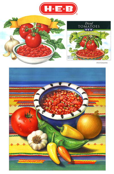 Vegetable illustrations of salsa ingredients including tomatoes, garlic, jalapeno peppers, garlic, and onions.