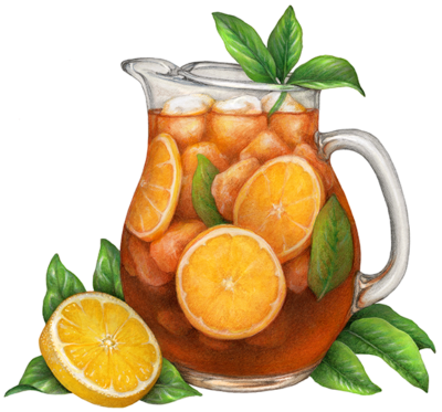 Iced tea pitcher with lemon slices, ice cubes and tea leaves.