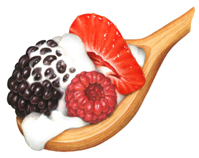 Mixed berries in cream on a wooden spoon.